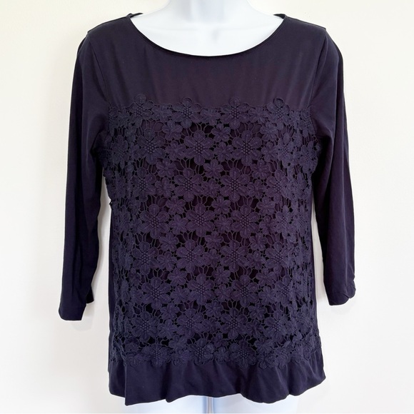 J. Crew 3/4 Sleeve Floral Textured Cotton Blouse Navy Blue Women’s Medium - Picture 1 of 8